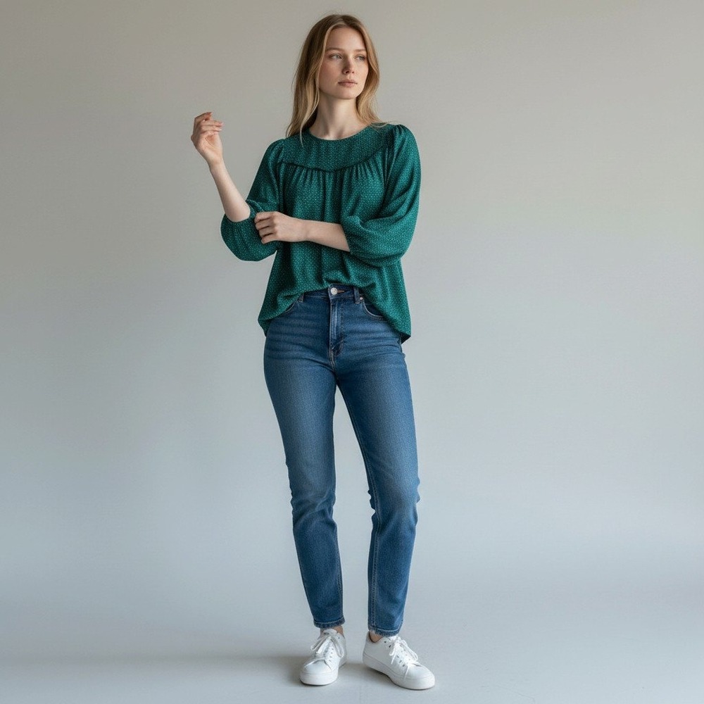 Adrianna Papell Blouse M Green Dot Print 3/4 Sleeve Gathered Yoke Keyhole Back